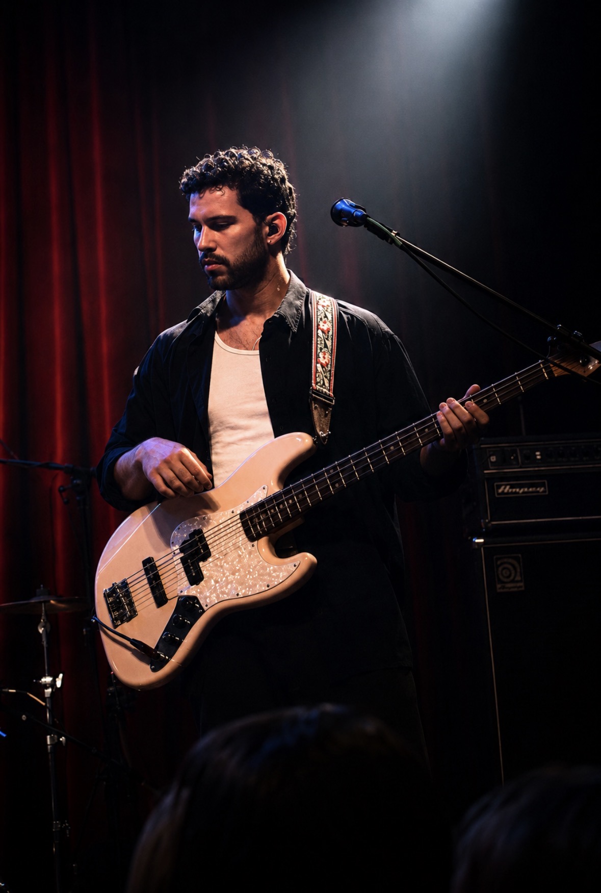 Bass player standing under a white spotlight